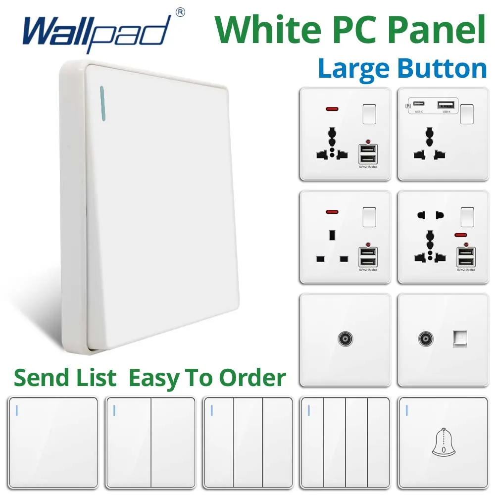 Wallpad White Plastic Panel Large Button With fluorescence Wall Light Switch and EU UK Socket Type C USB Charge Port 10A 250V