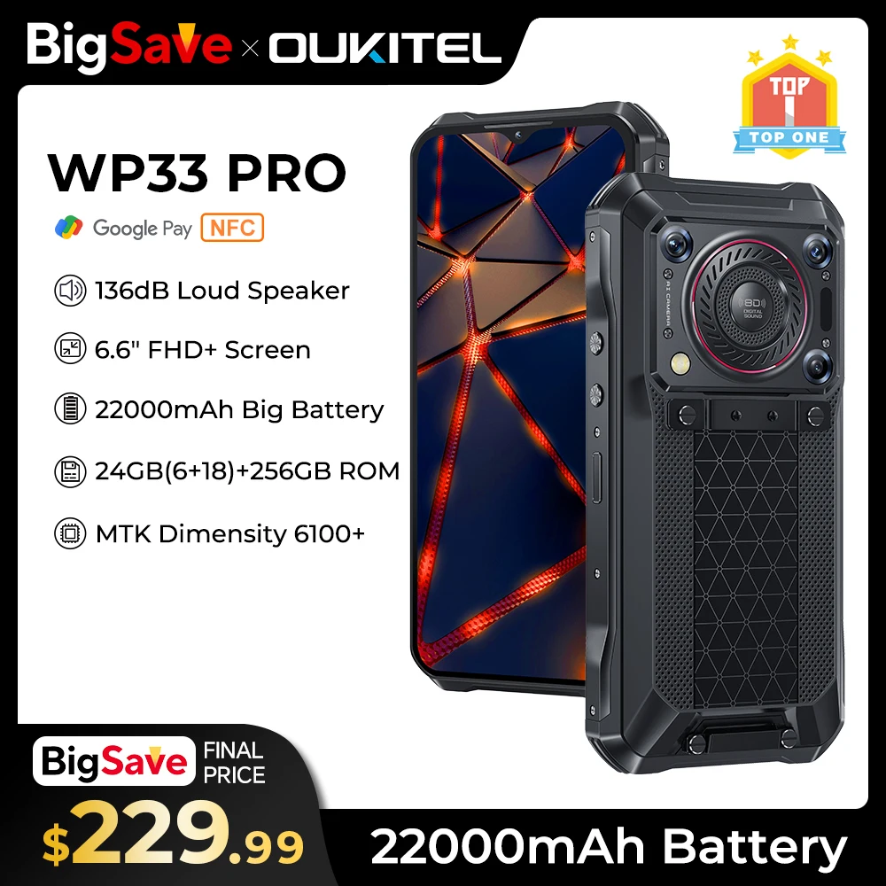 Oukitel WP33 Pro 5G Rugged Smartphone 22000mAh 6.6" FHD+ Cell phone 24GB 256GB Mobile Phone 64MP Camera 33W