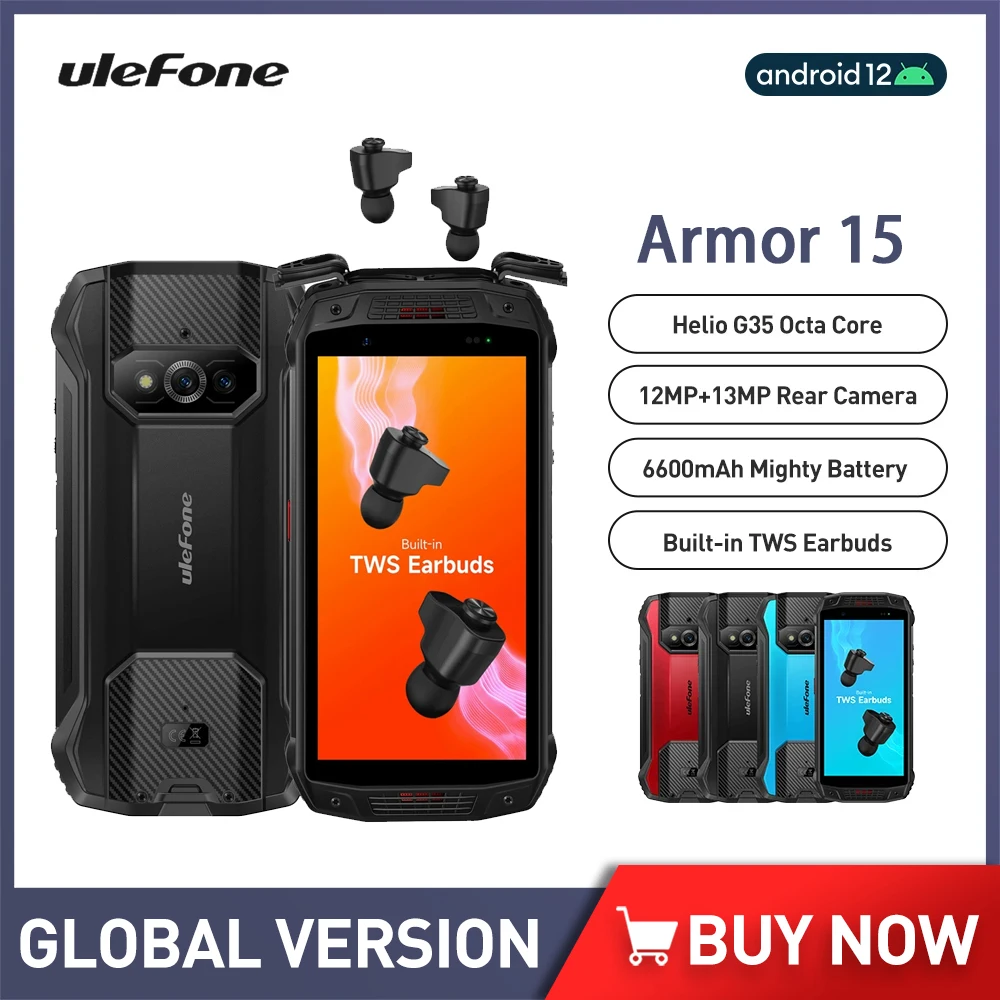 Ulefone Armor 15 Rugged Phone 6GB+128GB Smartphone Android 12 5.45" Helio G35 Built-in TWS Earbuds 6600mAh 4G Mobile Phone 