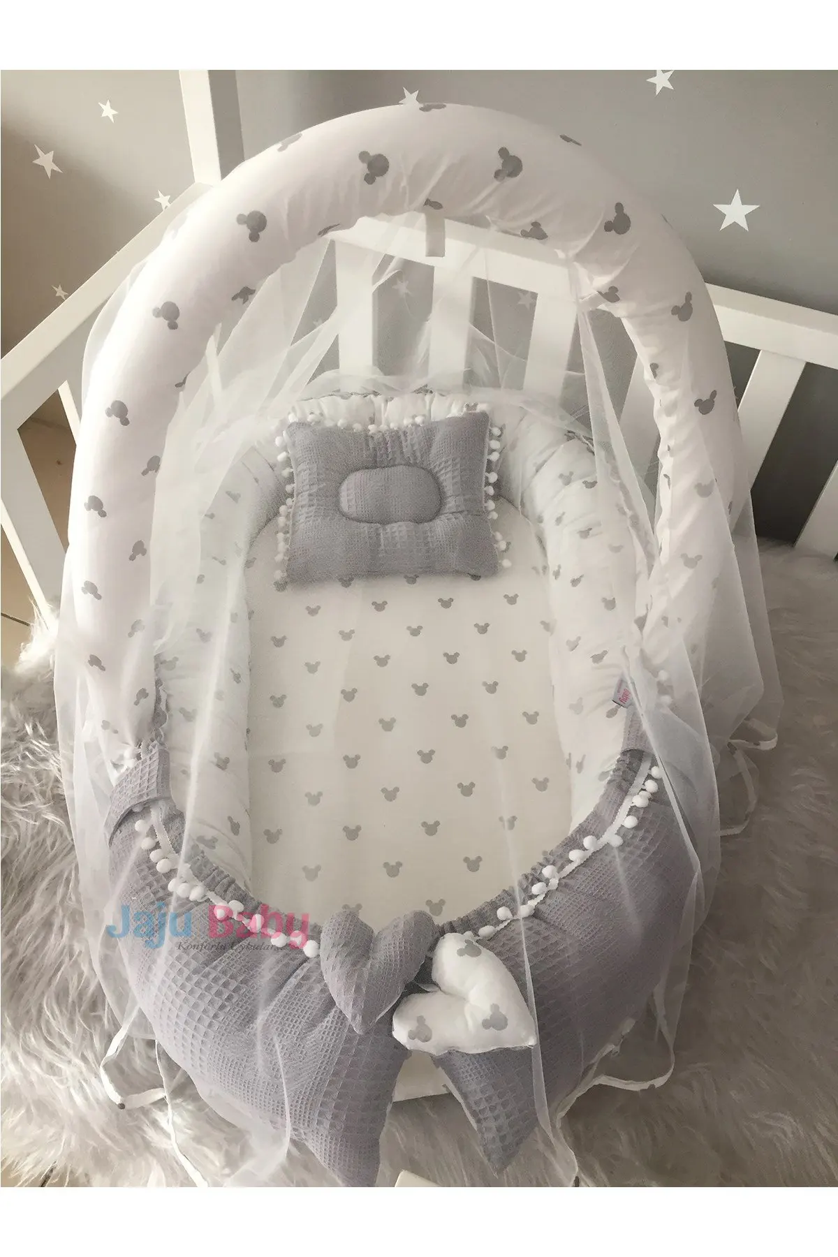 Handmade Gray Waffle Pique Fabric Mickey Design Pompom Toy Apparatus and Tulle Babynest Set