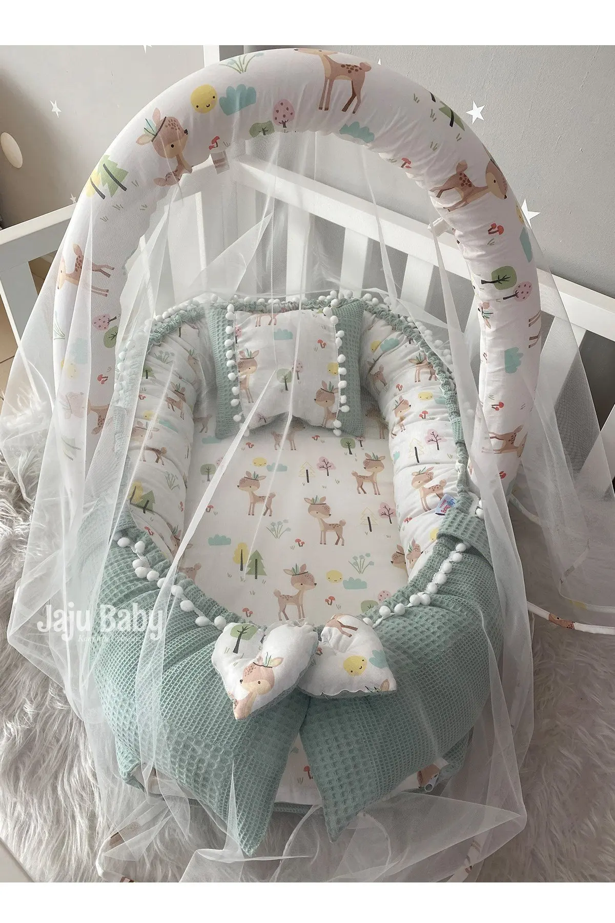 Handmade Waffle Green Pique Fabric Poplin Fabric Pompom Babynest Toy Apparatus and Tulle Set