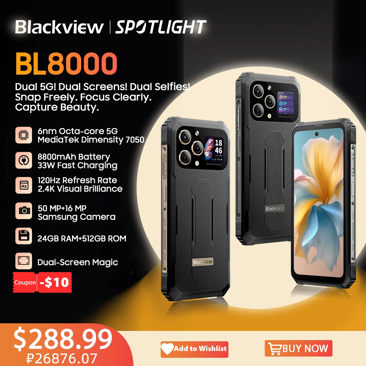 [World Premiere] Blackview BL8000 5G Rugged Smartphone 6.78" 2.4K FHD+ 120Hz Display 24GB 512GB Mobile Phone 50MP 8800mAh 3