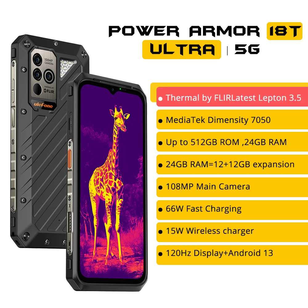Ulefone Power Armor 18T Ultra 5G Rugged Phone 512GB ROM +24GB RAM Thermal Imaging Camera THERMAL BY FLIR® Smartphone