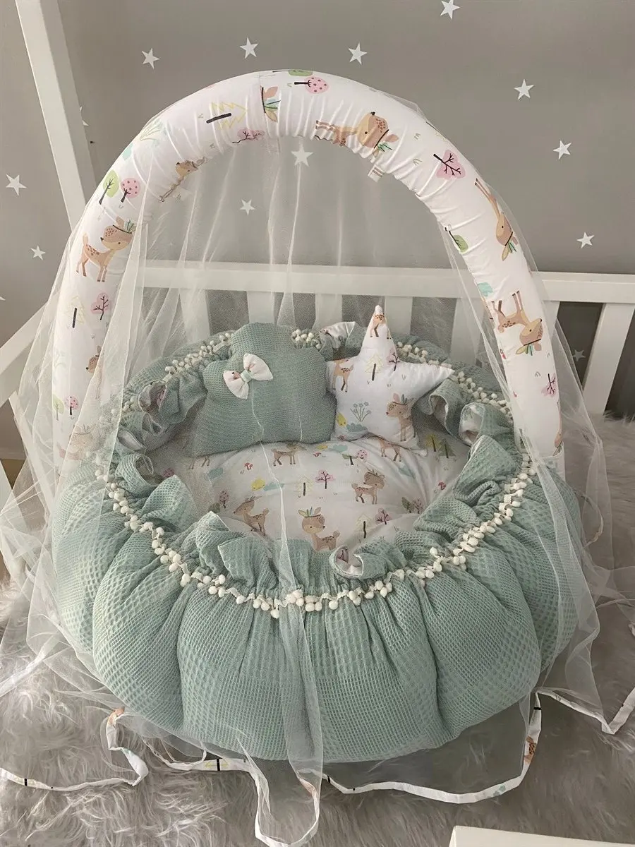 Handmade Green Pique Fabric Gazelle Pattern Combination Design Retractable Play Mat with Mosquito Net Apparatus Babynest