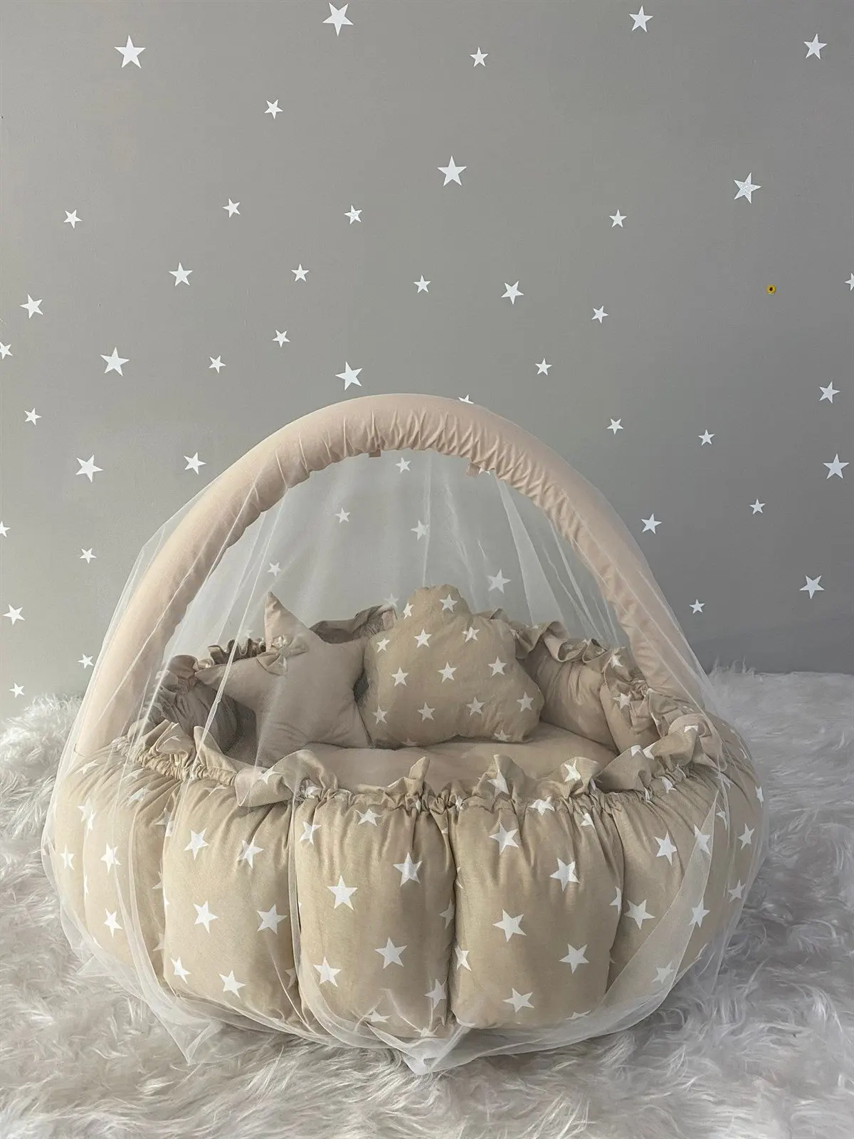 Handmade Gray Star Retractable - Collapsible Play Mat with Mosquito Net Apparatus Babynest