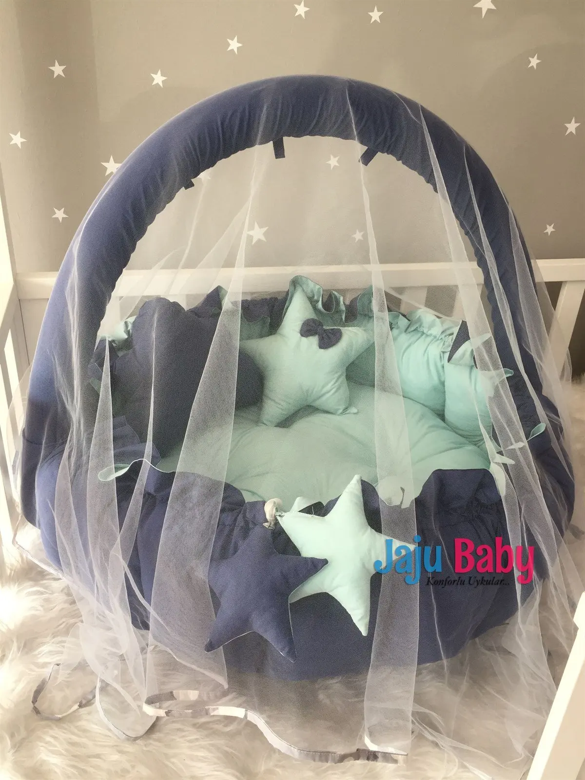 Handmade Navy Blue - Mint Design Luxury Play Mat Babynest Mosquito Net Tulle Toy Apparatus Set