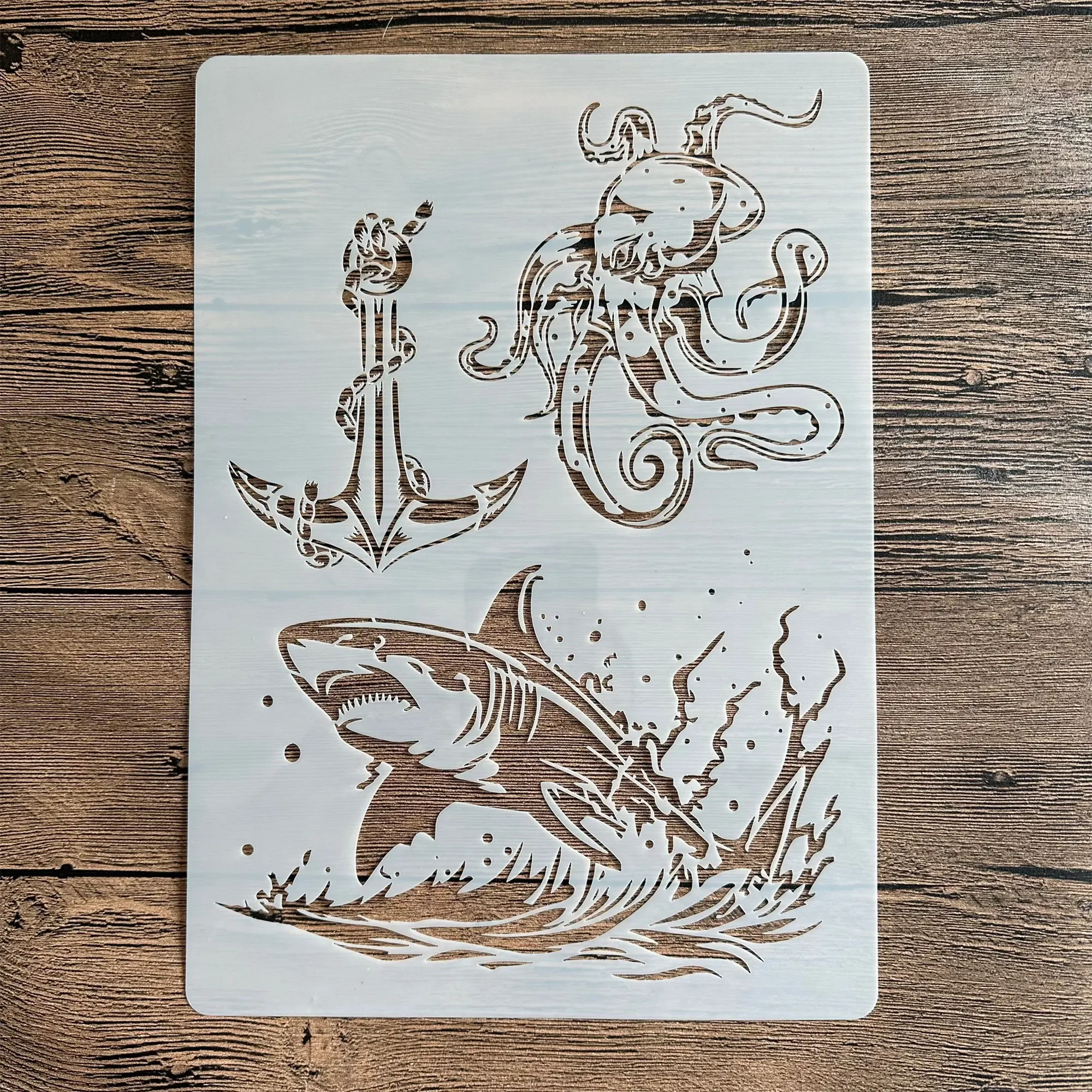 A4 29 *21cm DIY Stencils Wall Painting Scrapbook Coloring Embossing Album Decorative Paper Card Template, Ocean Shark Octopus