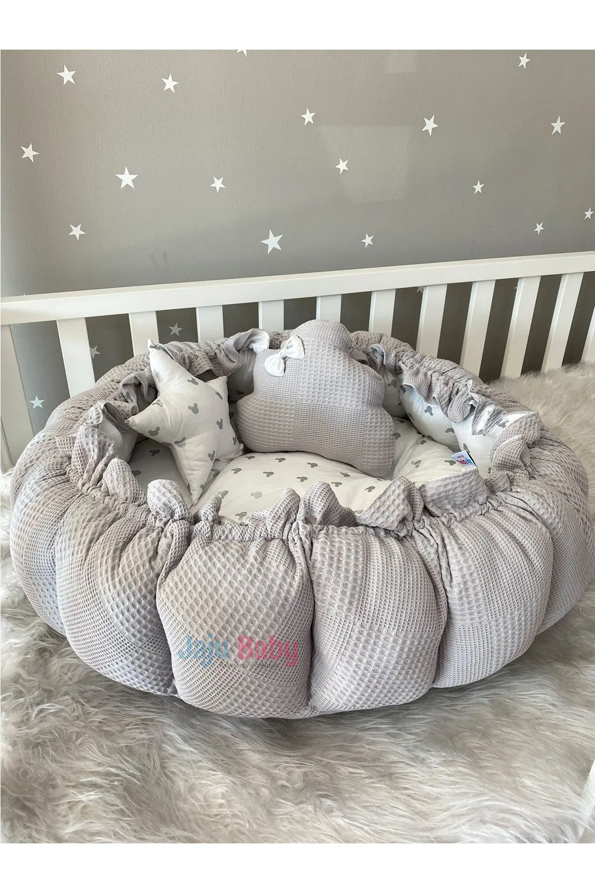 Handmade Gray Pique Fabric and Mickey Fabric Design Retractable - Collapsible Play Mat Baby Nest