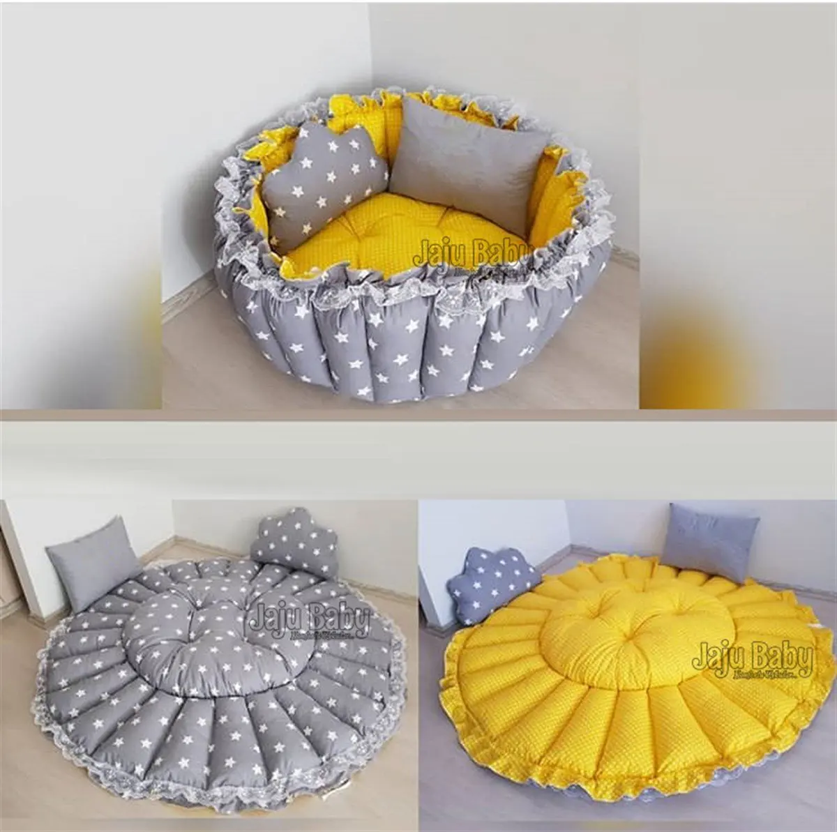 Handmade Gray Star Yellow Retractable Play Mat Baby Nest