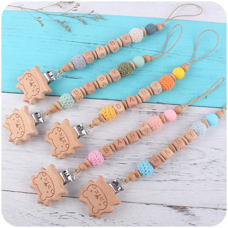 Personalized Name DIY Baby Pacifier Clips Wooden Soother Silicone Teething Chew Toy Dummy Nipple Holder Clip Newborn Accessories