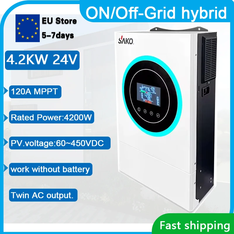 Sako 4.2KW 24V Hybrid Solar Inverter: Off-Grid & On-Grid , MPPT 120A+AC Charger, PV Input 60-450VDC, Work no battery