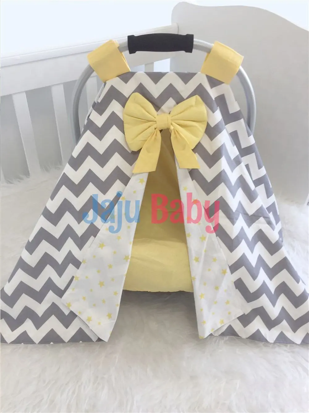 Handmade Gray Zigzag and Yellow Combination Stroller Cover and Inner Cover