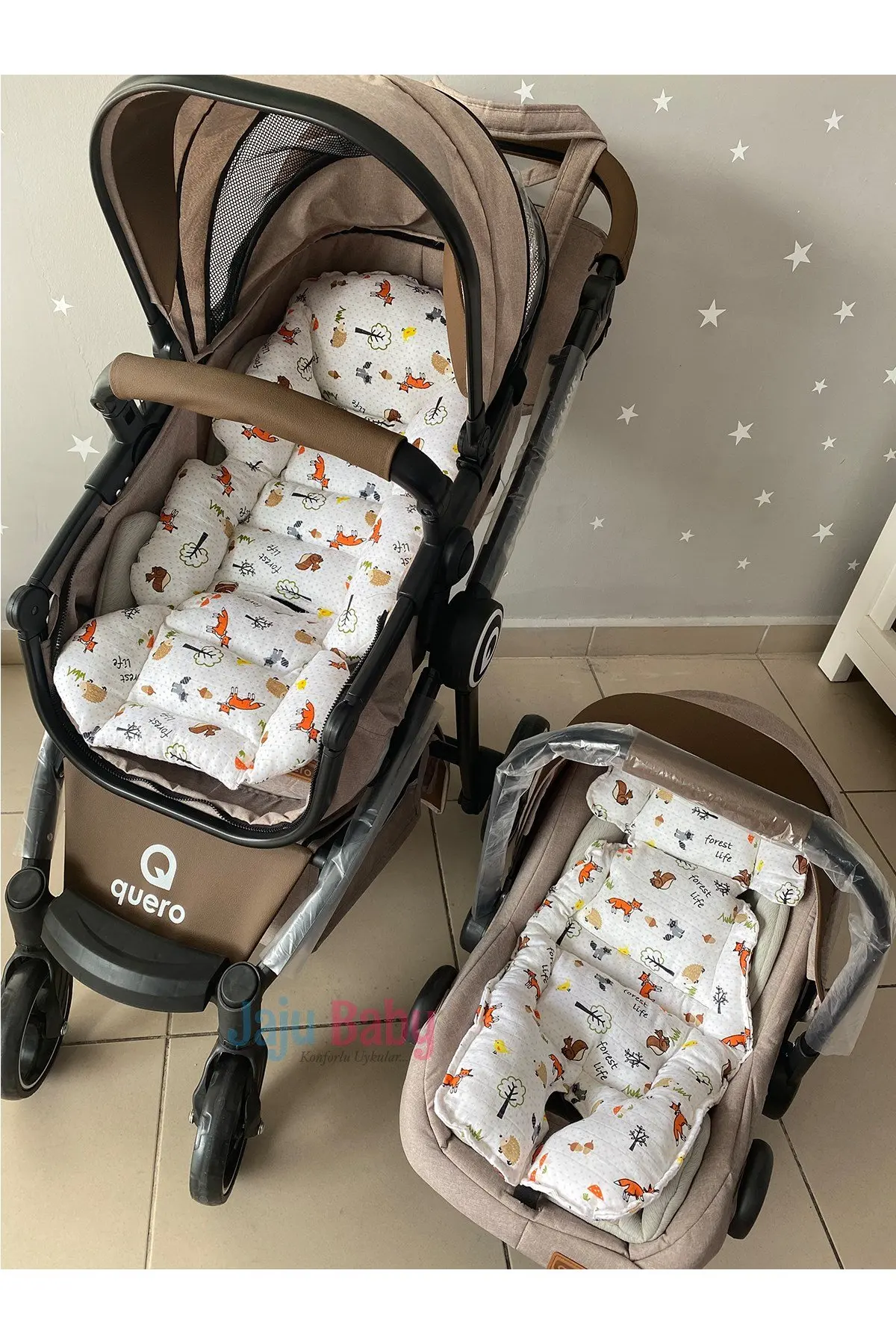 Handmade Muslin Fox Fabric Baby Stroller Cushion and Pushchair Cushion Set