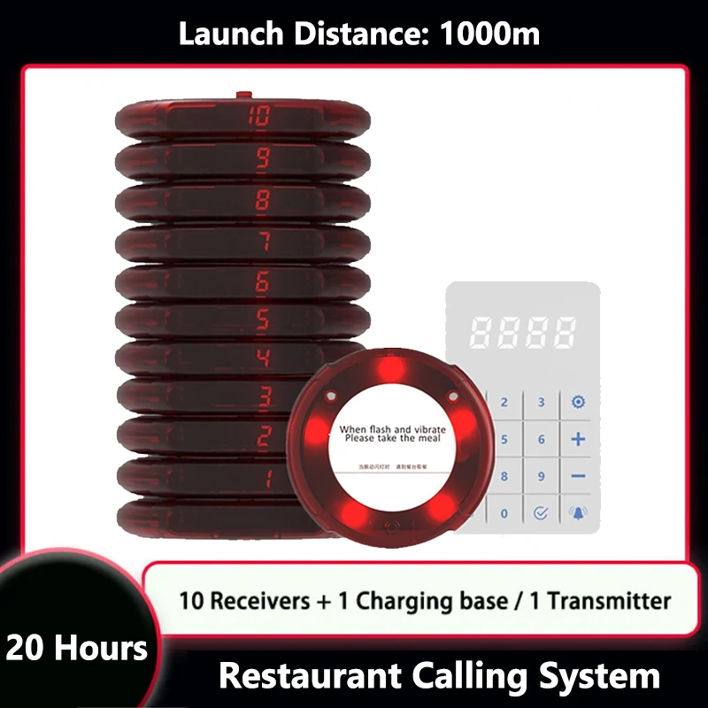 Restaurant Pager Wireless Calling System 10 Coaster Buzzer Vibrator Bell Receiver Beeper for Food Truck Cafe Bar Fast Food Shop