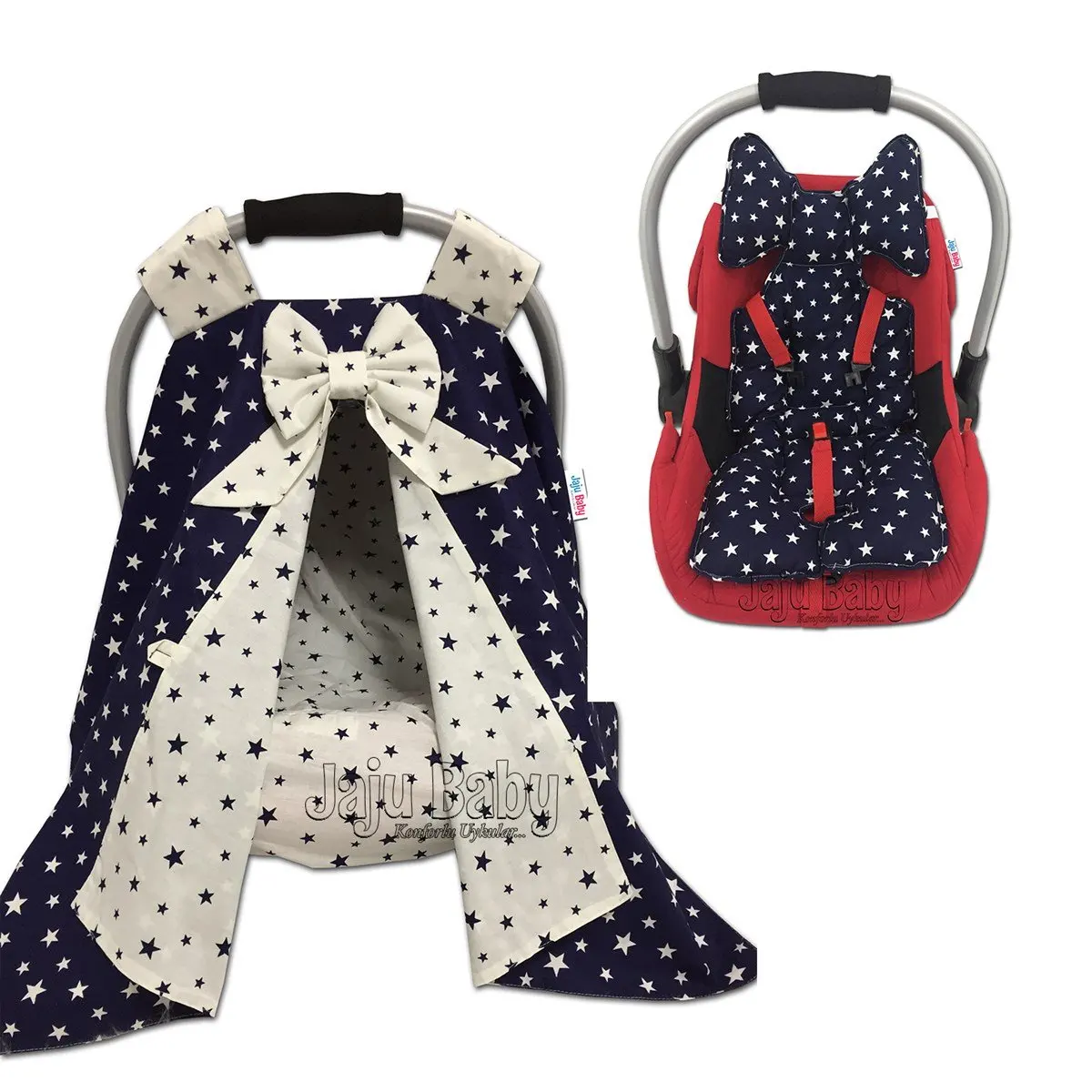 Handmade Navy Blue Star Stroller Cover Sheet and Stroller Cushion Set of 3