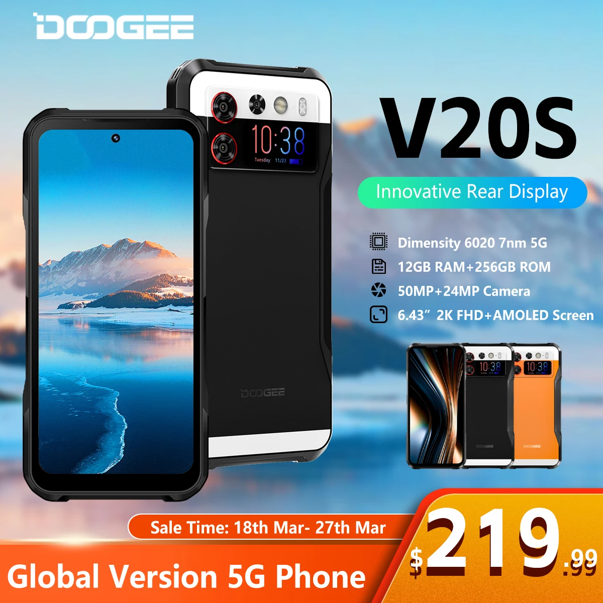 [World Premiere]DOOGEE V20S 5G Rugged Phone Dimensity 6020 Octa Core 6.43” AMOLED Dual Display 12GB+256GB 50MP AI Camera