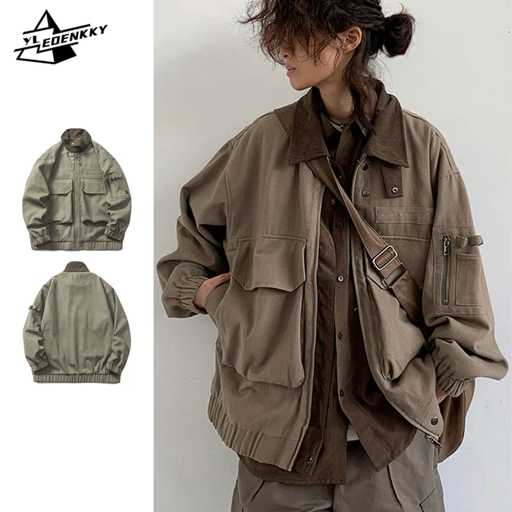 Bomber Jacket Men Vintage Multi-pocket Loose Safari Coat Harajuku Lapels Oversize Cargo Jackets Spring Autumn Unisex Casual Coat
