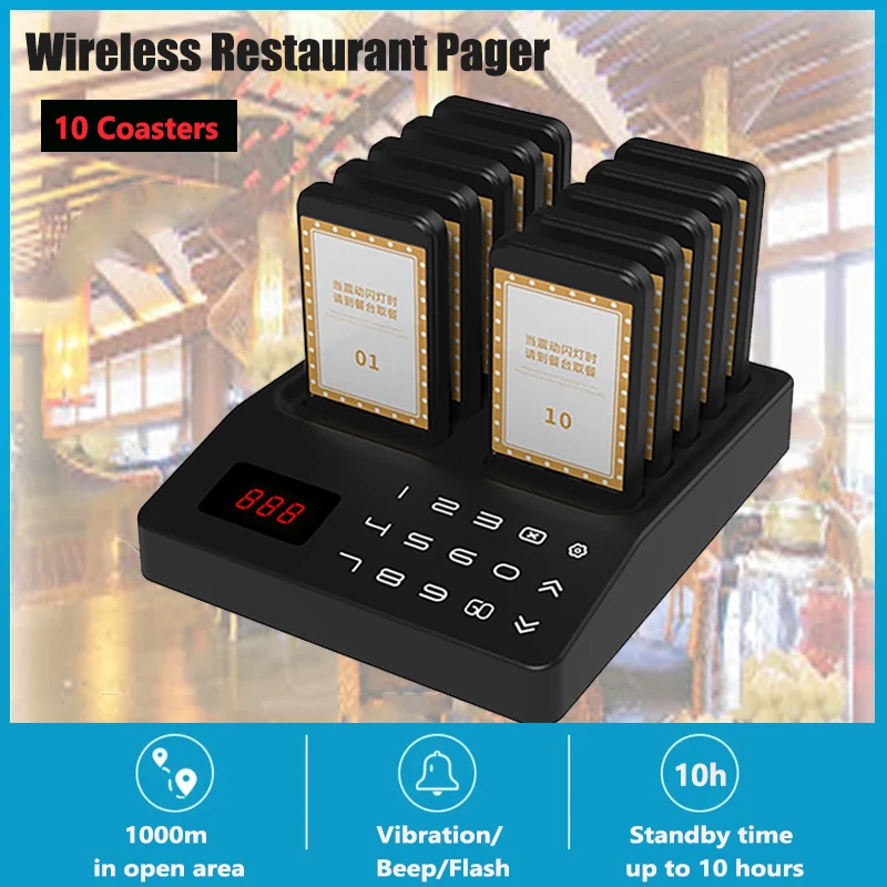 Restaurant Pager Wireless Calling System Coasters Buzzer Vibrator Bell Receiver Beeper For Food Truck Bar Coffee Shop Fast Food