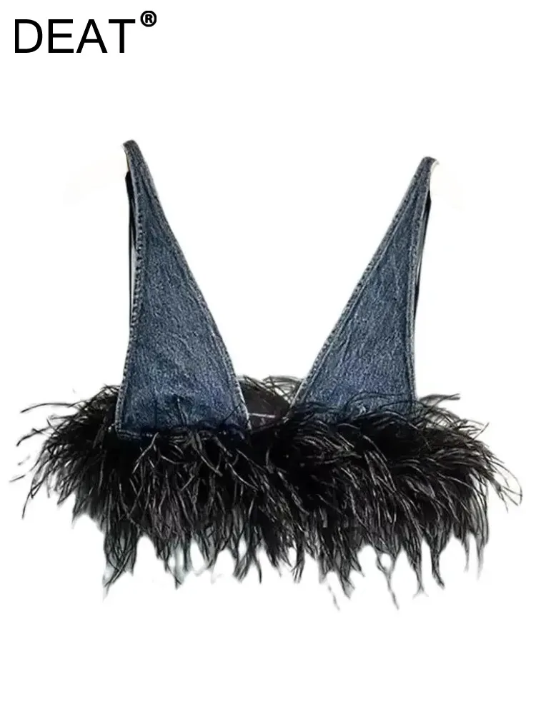 DEAT Women's Denim Slim V-neck Slip Bra High Waist Sexy Patchwork Feathers Design Mini Skirts 2024 Autumn New Fashion 29L66
