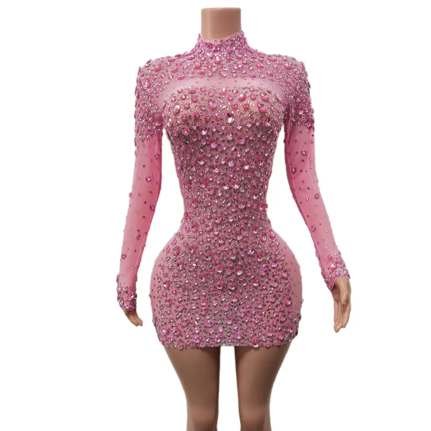 Sexy Dance Pink Dress Performance Sparkly Pink Rhinestones Dress Women Evening Birthday Celebrate Party Outfit 2025 Cuixing