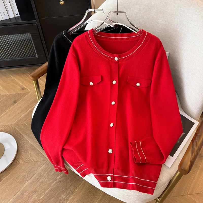170Kg Plus Size Women's Bust 160 Spring Autumn Loose Small Fragrant Cardigan Knit Black Red 5XL 6XL 7XL 8XL 9XL10XL