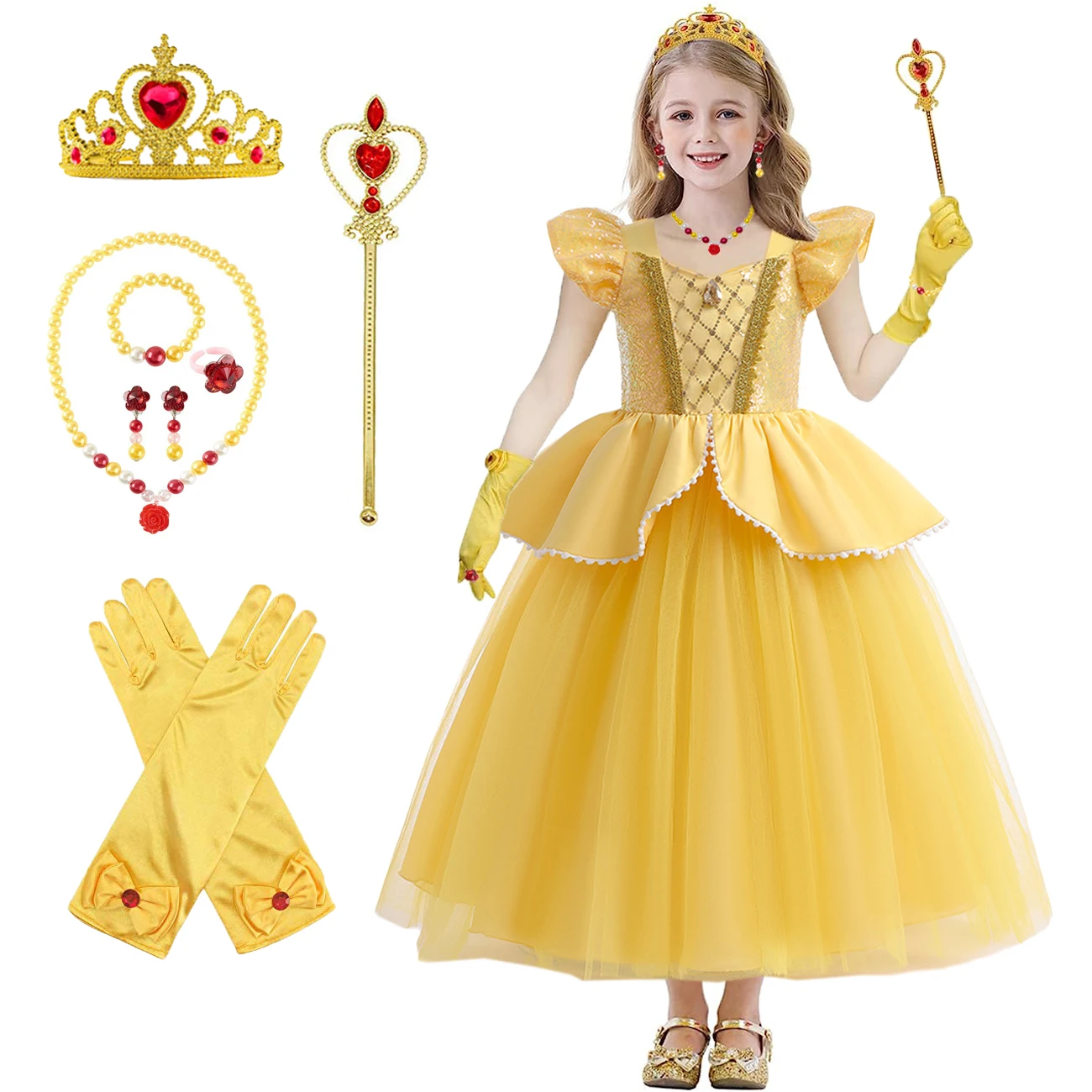 Girl's Formal Dress Cosplay Belle Princess Dress Mesh Patchwork Fly Sleeve Children's Dress For Children Cosplay Carni