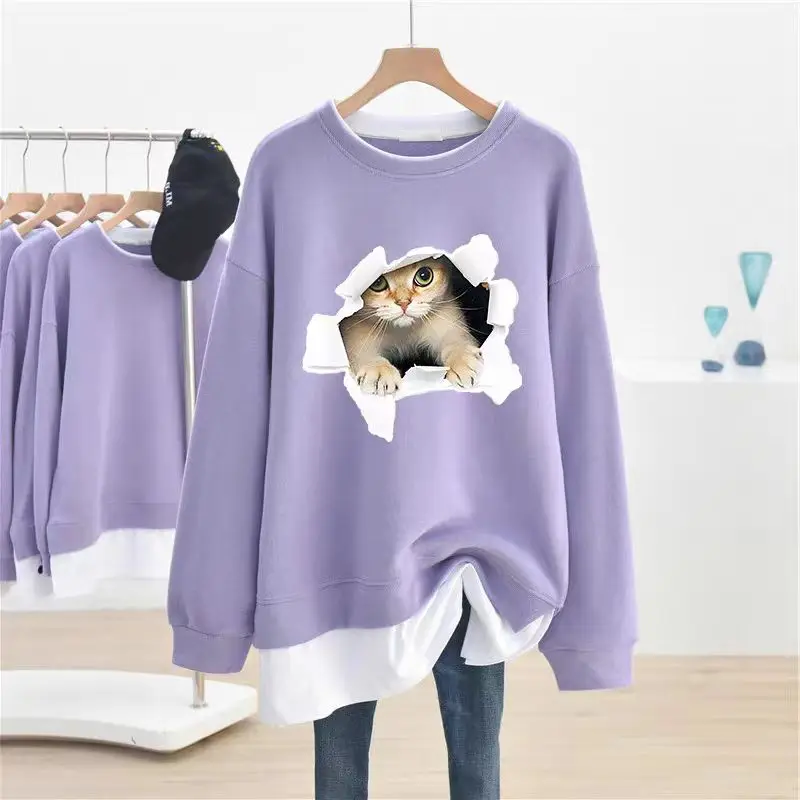 DAYIFUN-Cartoon Printed Hoodies Women O-Neck Pullovers Fake Two-piece Sweatshirts Patchwork Design Plus Size Tops 4XL 2024 New