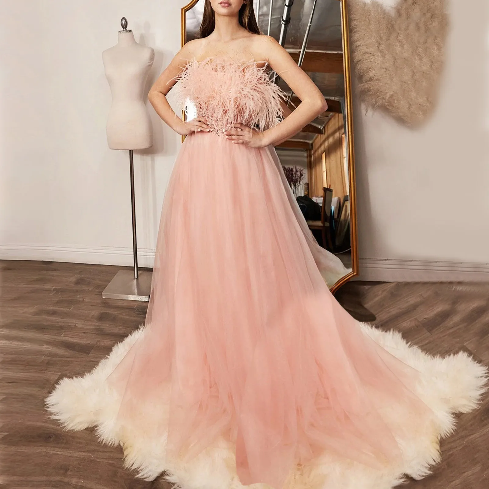Women's Formal Dresses Vintage Pure Color Strapless Sleeveless Feather A-Line Pink Dress Elegant Floor Length Birthday Dres