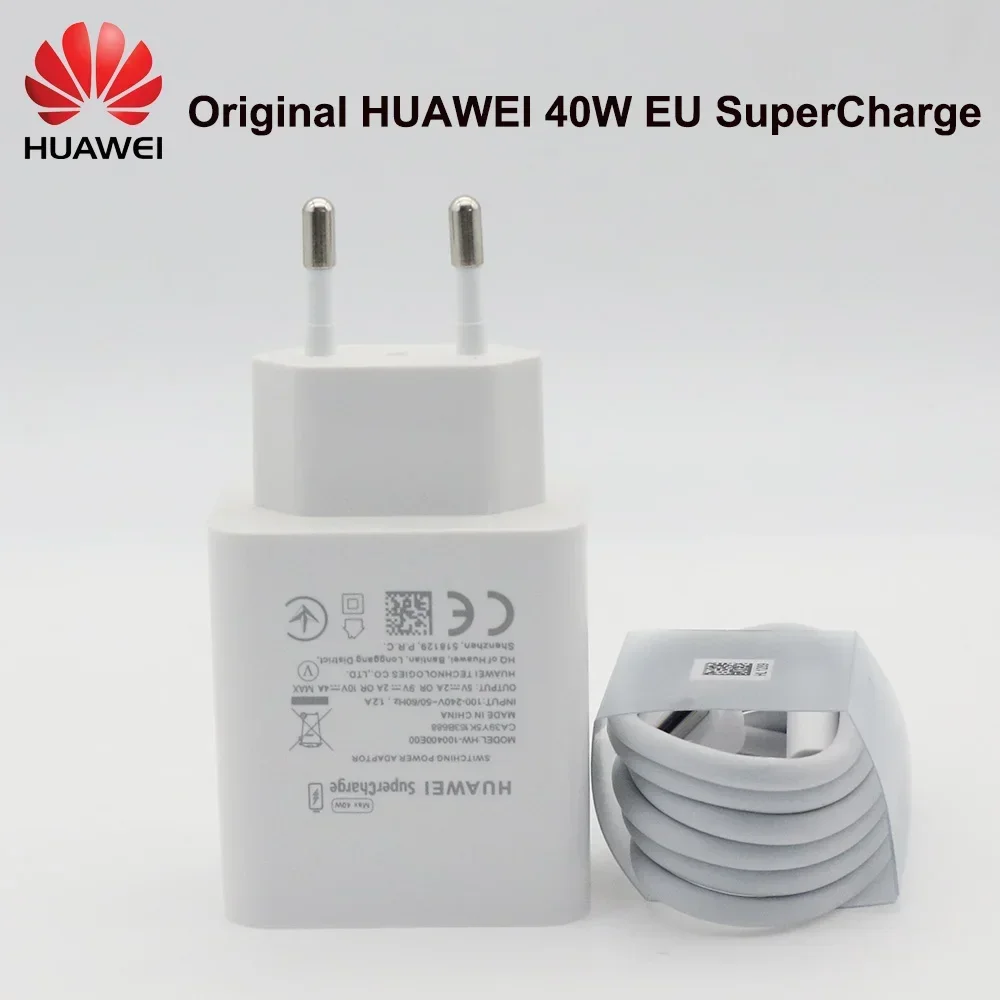 Huawei 40W Charger Original 10V4A Supercharge EU Adapter 5A USB Type C Cable for Nova 5 6 7 Pro Mate 20 30 Pro P20 P40 P30 Pro