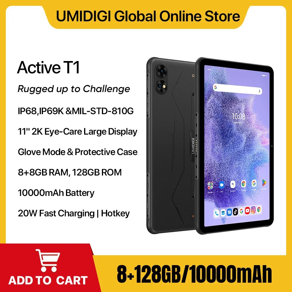 UMIDIGI Active T1 Rugged Tablet,Laptop,Android 13,10000mAh,16GB RAM(8+8GB),128GB ROM,Unisoc T616,11"2K 16MP Tablet with Key