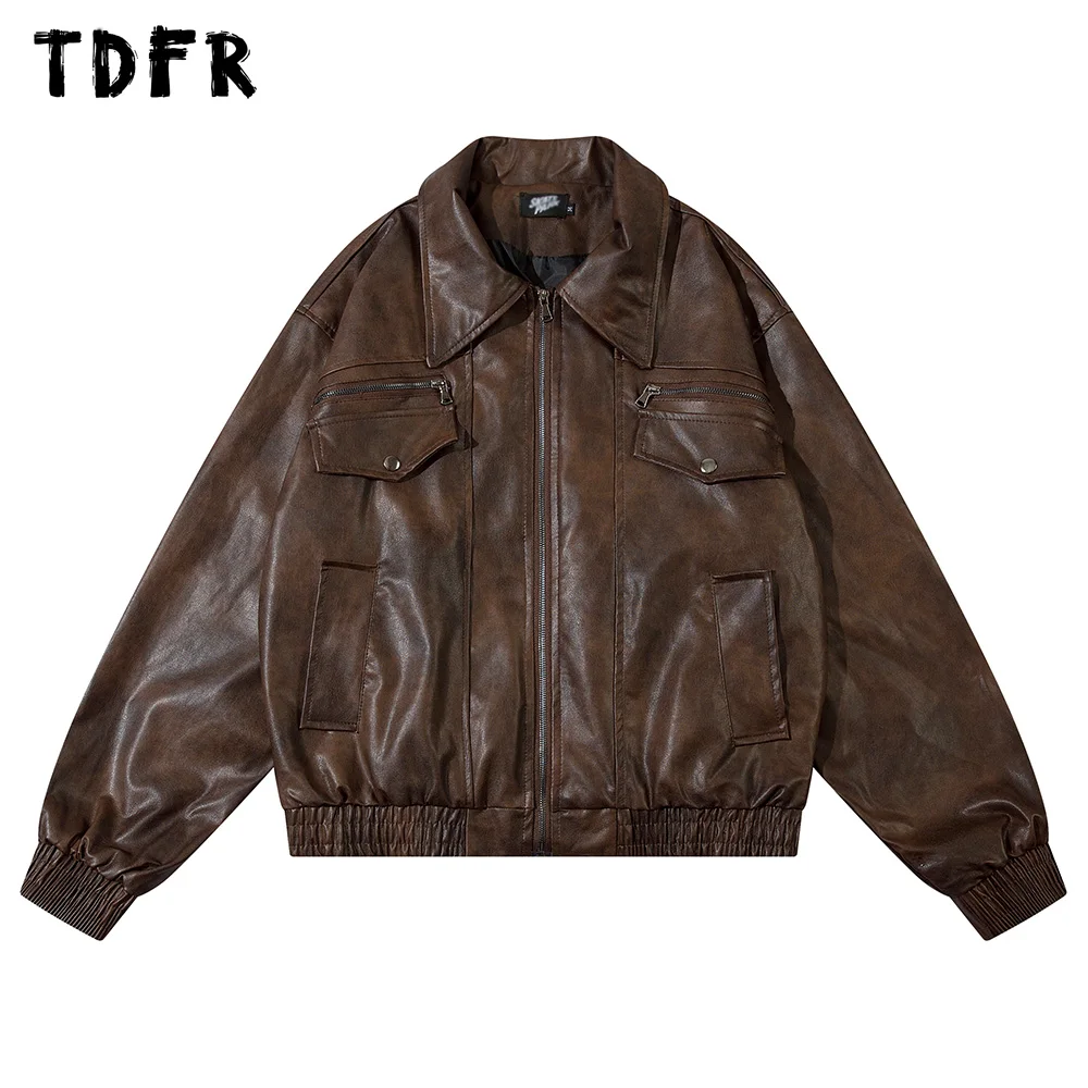 Pocket Spliced Motorcycle Leather Jacket Mens Spring Streetwear Lapel Zipper Long Sleeve Jacket Men