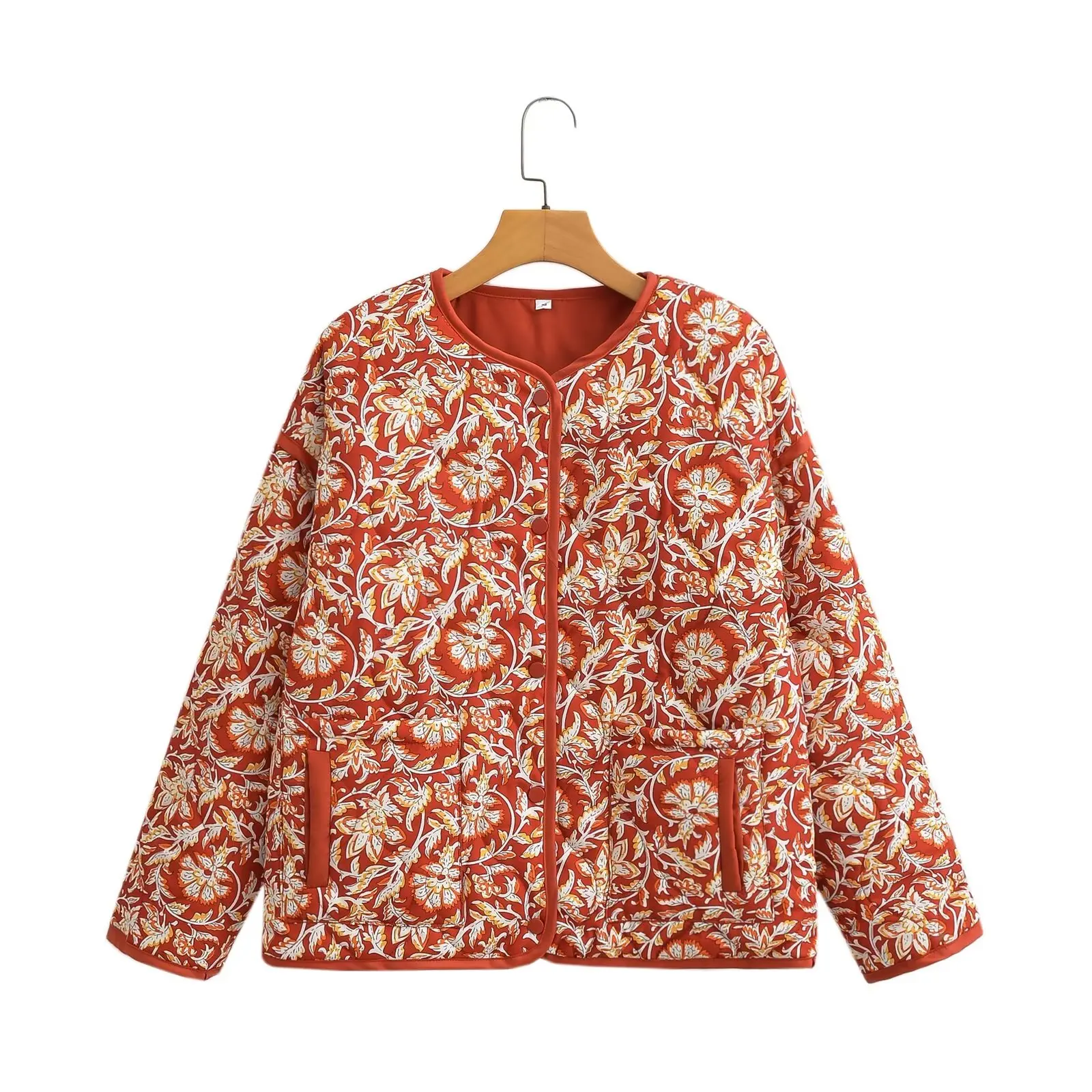 Plus Size Women's Clothing Stylish Warm Jacket autumn/Winter Collarless Long-Sleeved Printed Jacket With Thin Cotton Layer 