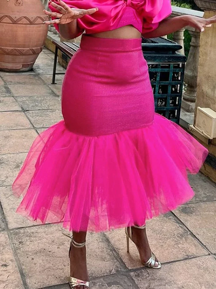 Fuchsia Mermaid Skirt Women Shimmer Fitted Tulle Ruffle Hem Flare Mermaid Skirt Midi Wedding Cocktail Prom Dance Jupes Plus Size