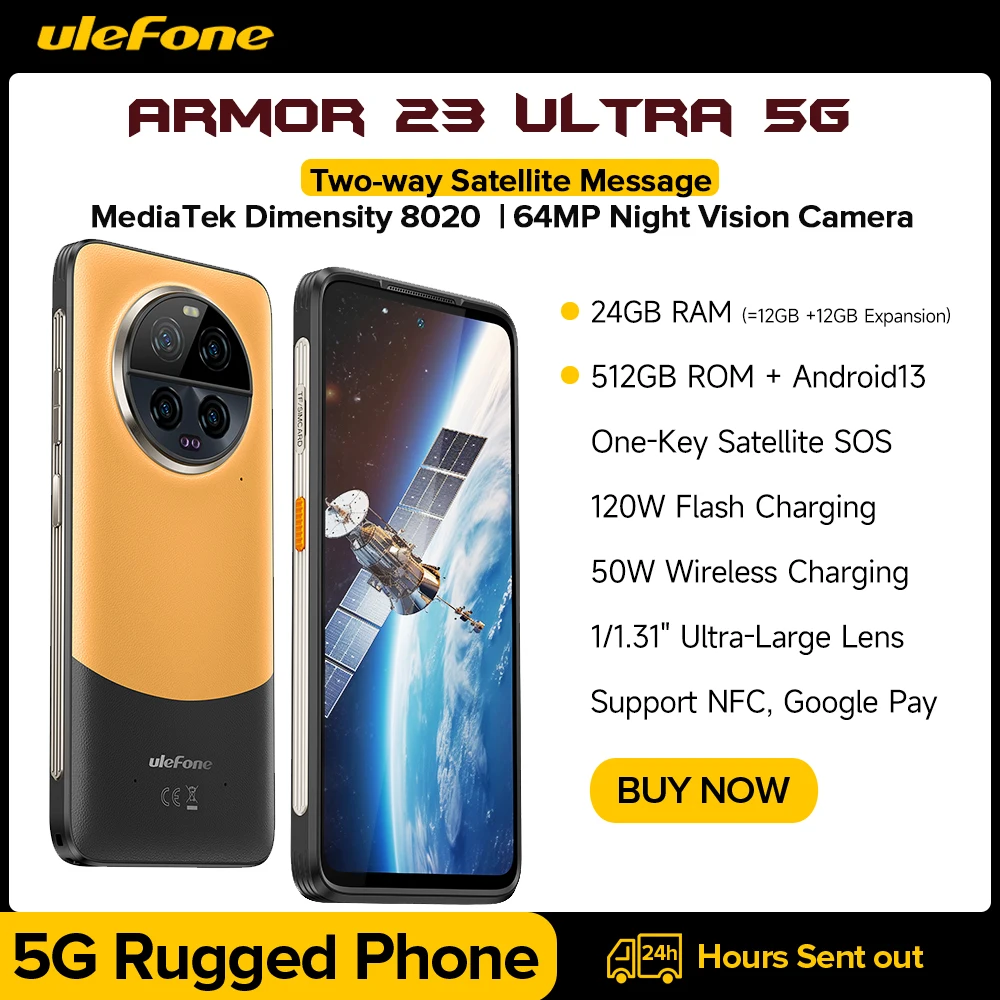 Ulefone-Armor 23 Ultra 5G Rugged Phone,Satellite Message ,120W Smartphone,64MP Night Camera, 24 + 512GB, 6.78 ", 120Hz , NF