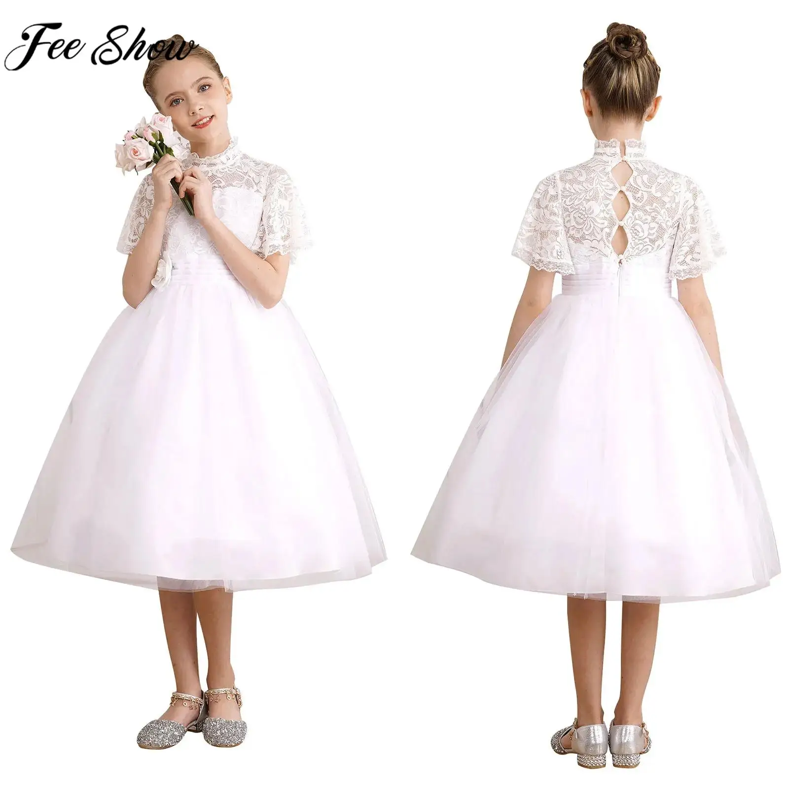Children Wedding Flower Girls Gown Flare Sleeve Brooch Elegant Tulle Lace Party Dress for Bridesmaid Birthday Prom Evening