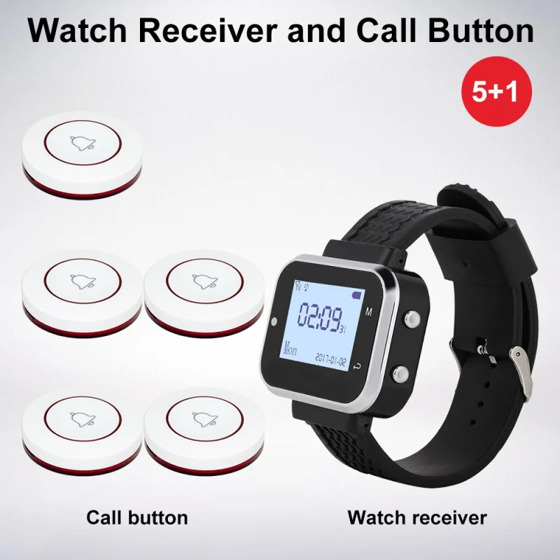 5pcs CTT12 Call Button Transmitters 1Pcs CTW06 Wrist Watch Pager Wireless Calling System Service For Restaurant Hotel Cafe Bar