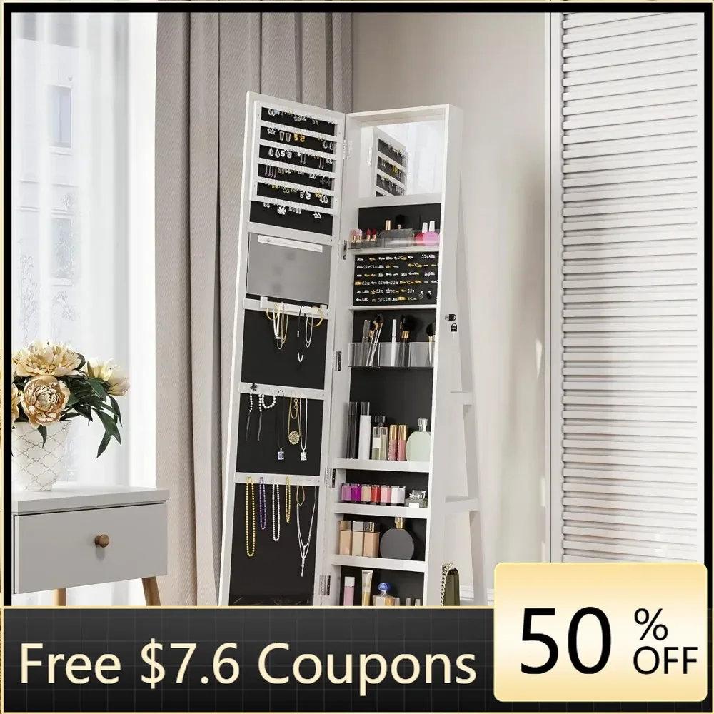 Lockable Standing Jewelry Armoire With Full Length Mirror 360°Swivel Jewelry Cabinet White freight Free