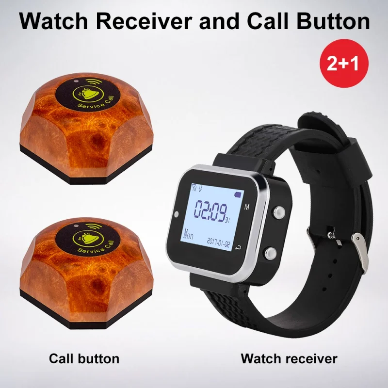 2 Pcs CTT20 Call Button Transmitters 1Pcs CTW06 Wrist Watch Pager Wireless Calling System Service For Restaurant Hotel Cafe Bar