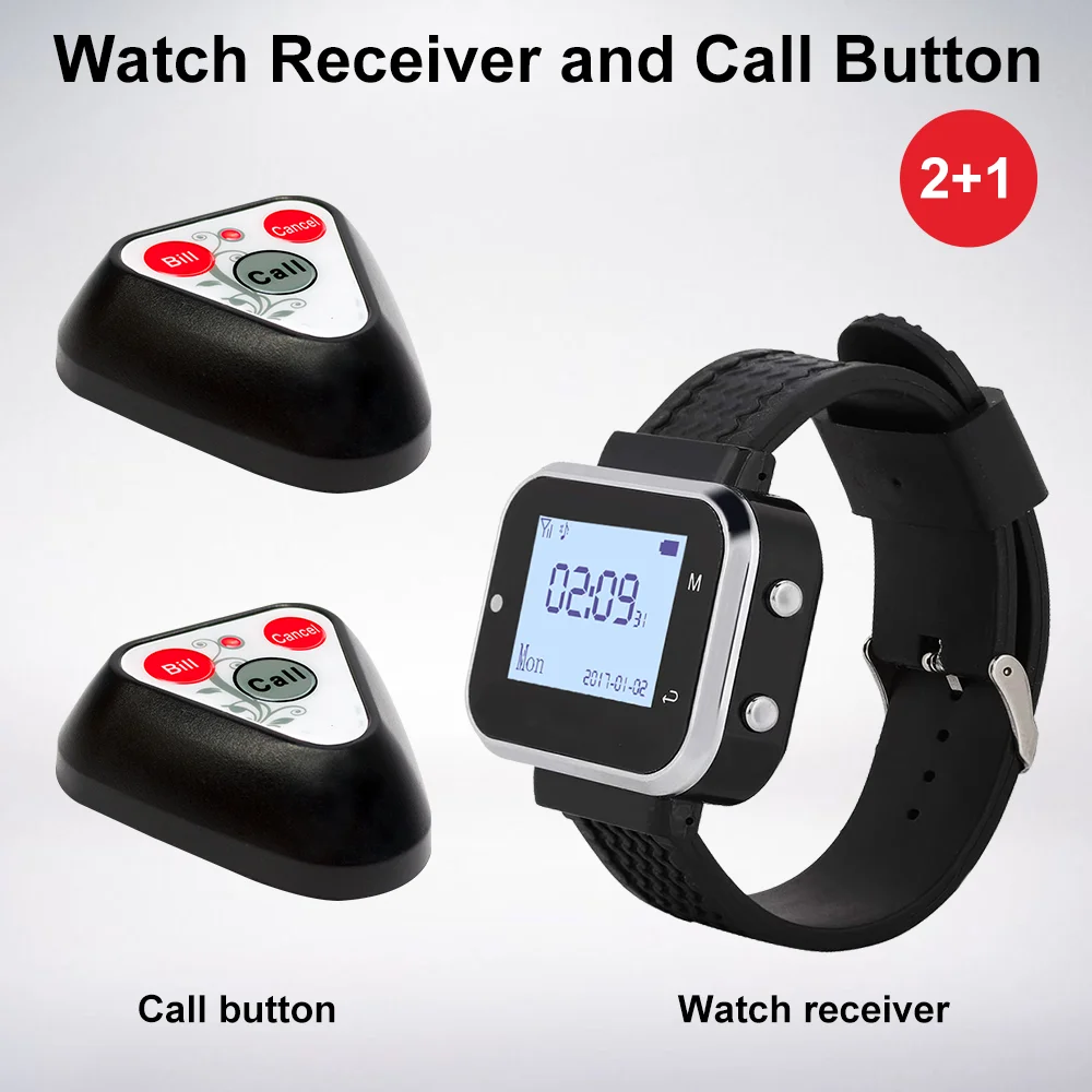 2 Pcs CTT33 Call Button Transmitters 1Pcs CTW06 Wrist Watch Pager Wireless Calling System Service For Restaurant Hotel Cafe Bar