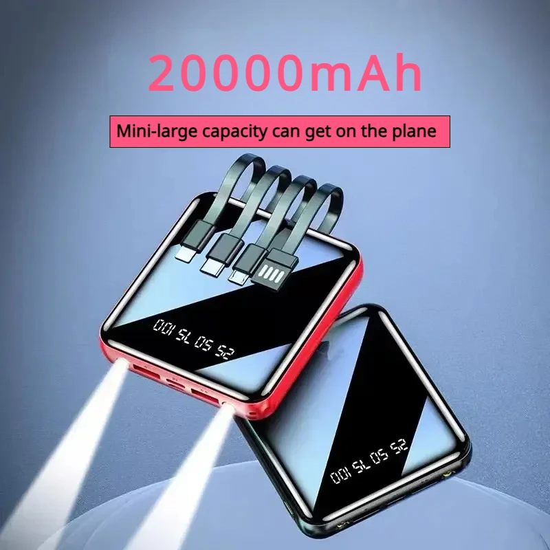 20000mAh Power Bank Mirror Digital Display Screen Built-In Cord Mobile Power Supply Compact Portable Mobile Phone Accessories
