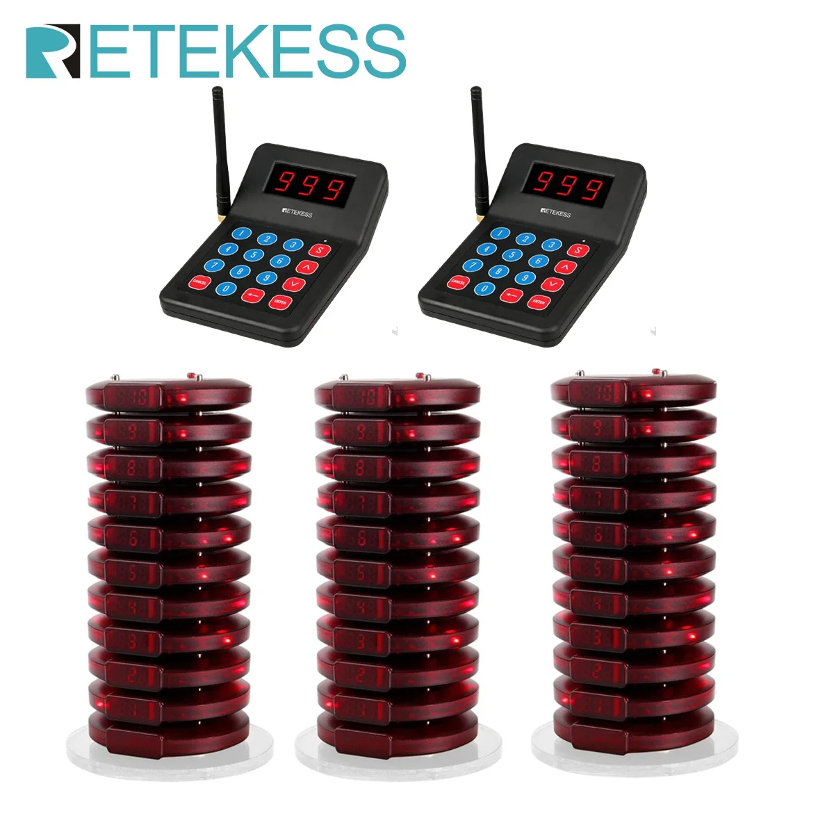 Retekess T119 Restaurant Wireless Pager System Guest Quening 2 Keyboard 30 Coaster Pager Receivers For Cafe Bar Food Truck BBQ