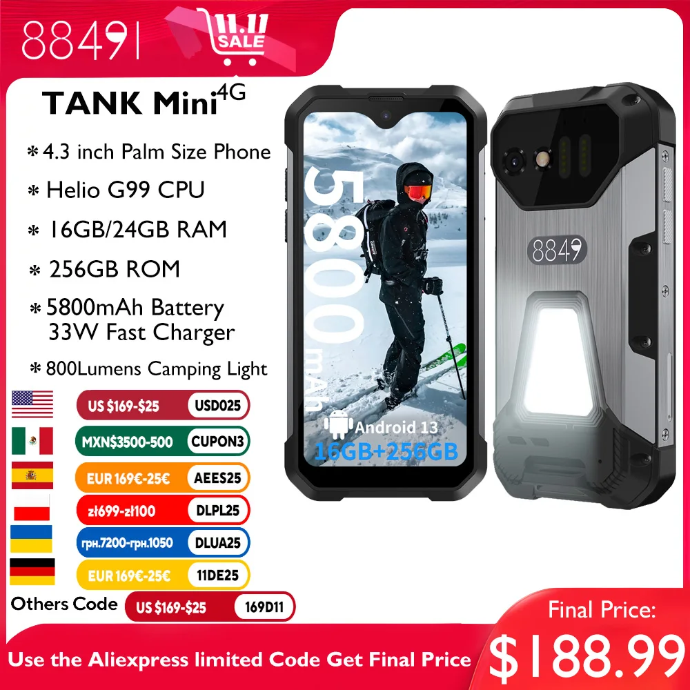 8849 Tank Mini Unihertz Rugged smartphones 4.3" Display Android 13 Helio G99 24GB 256GB 100MP Cameras 5800mAh NFC Waterproo