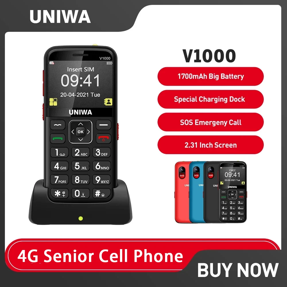 UNIWA V2000 4G Keypad Feature Phone 2.4“ Big Button Loud Volume Dual SlM Removable 1700mAh Hightlight Torch 0.3MP EU USA Versio