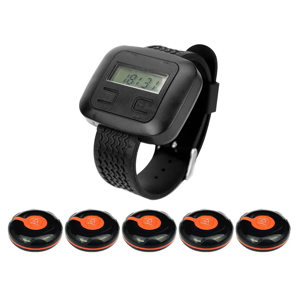 Watch Receiver Wireless Calling System 5 Pcs CTT25 Call Buttons for Restaurant,Office,Cafe Customer Call Waiter Service Bell