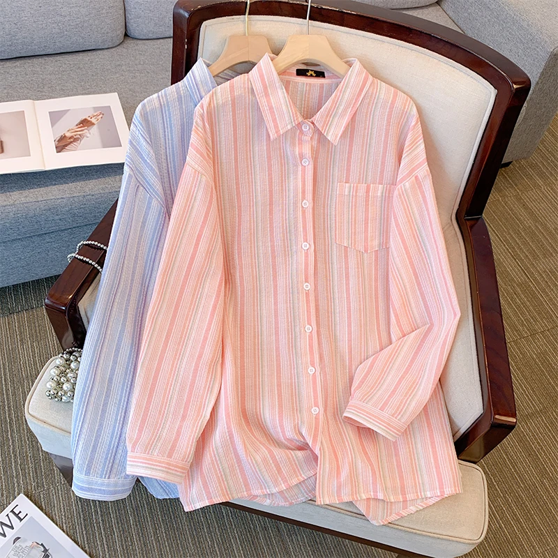 Plus Size women's spring casual commuter shirt terylene cotton fabric striped top medium long pocket top comfortable breath