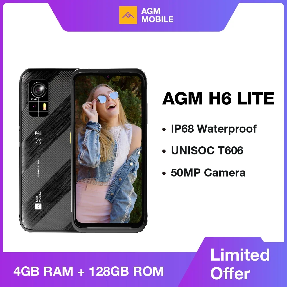 AGM H6 Lite Rugged Smartphone,4GB + 128GB,50MP Camera, 6.56 "HD+ IPS Display, IP68, IP69K, 4900mAh, NFC
