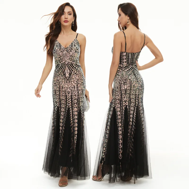 Sequin dress positioning flower bead patchwork mesh banquet light luxury evening dress women's long suspender fishtail skir