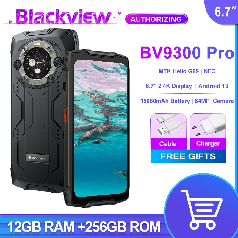 Blackview BV9300 Pro Прочный телефон 6,7 дюйма Дисплей 12 ГБ 256 ГБ Helio G99 15080 мАч Батарея 64 Мп Камера 33 Вт Быстрая заряд