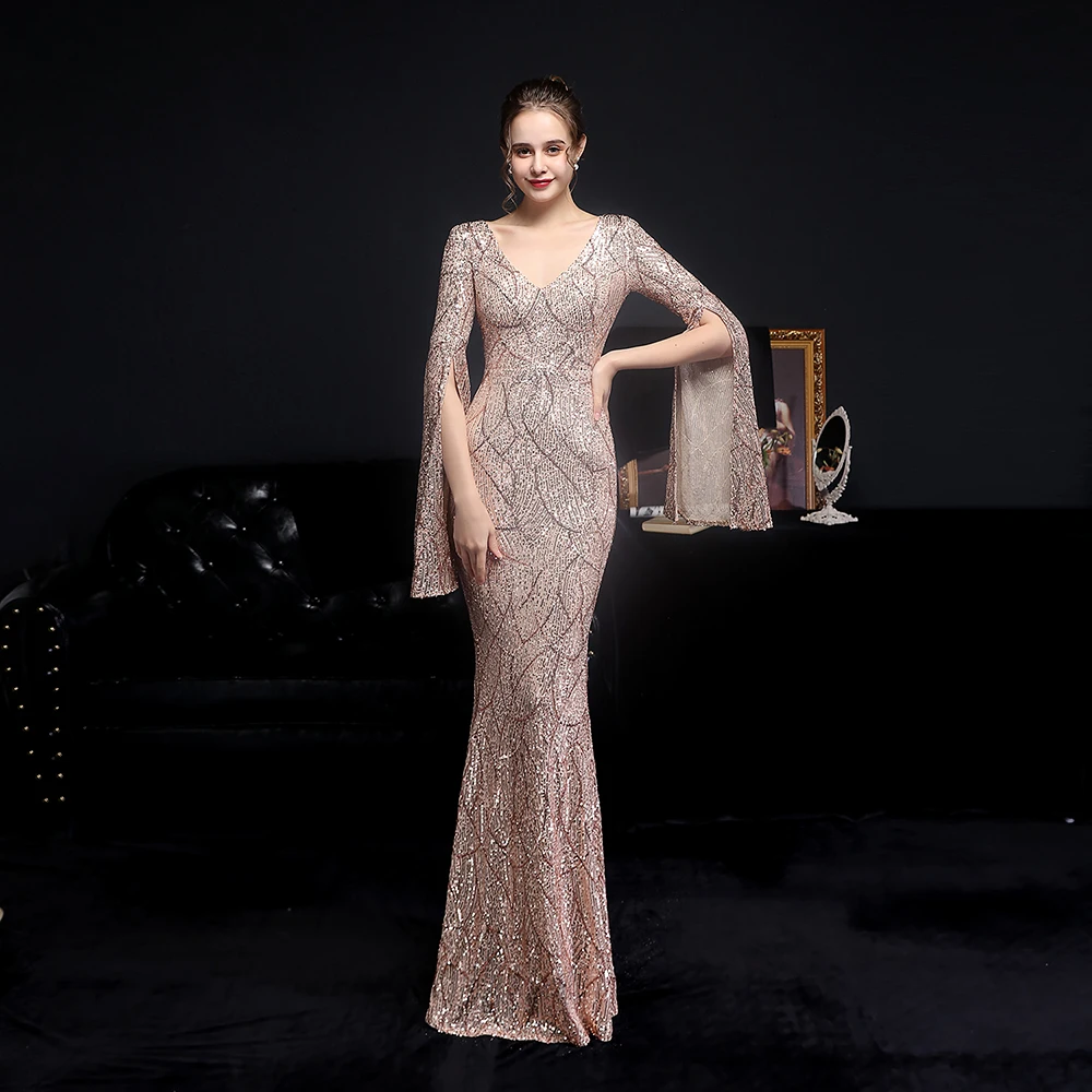 Women's Mermaid Long Prom Evening Dress Gown Sexy V Neck Sequin Long Sleeves Formal Party Cocktail Dresses