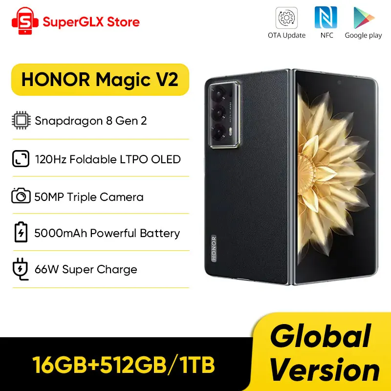 Global Version Honor Magic V2 5G Foldable LTPO OLED 120Hz Display 7.92" 50MP Rear Cameras Snapdragon 8 Gen 2 5000mAh 66W NF